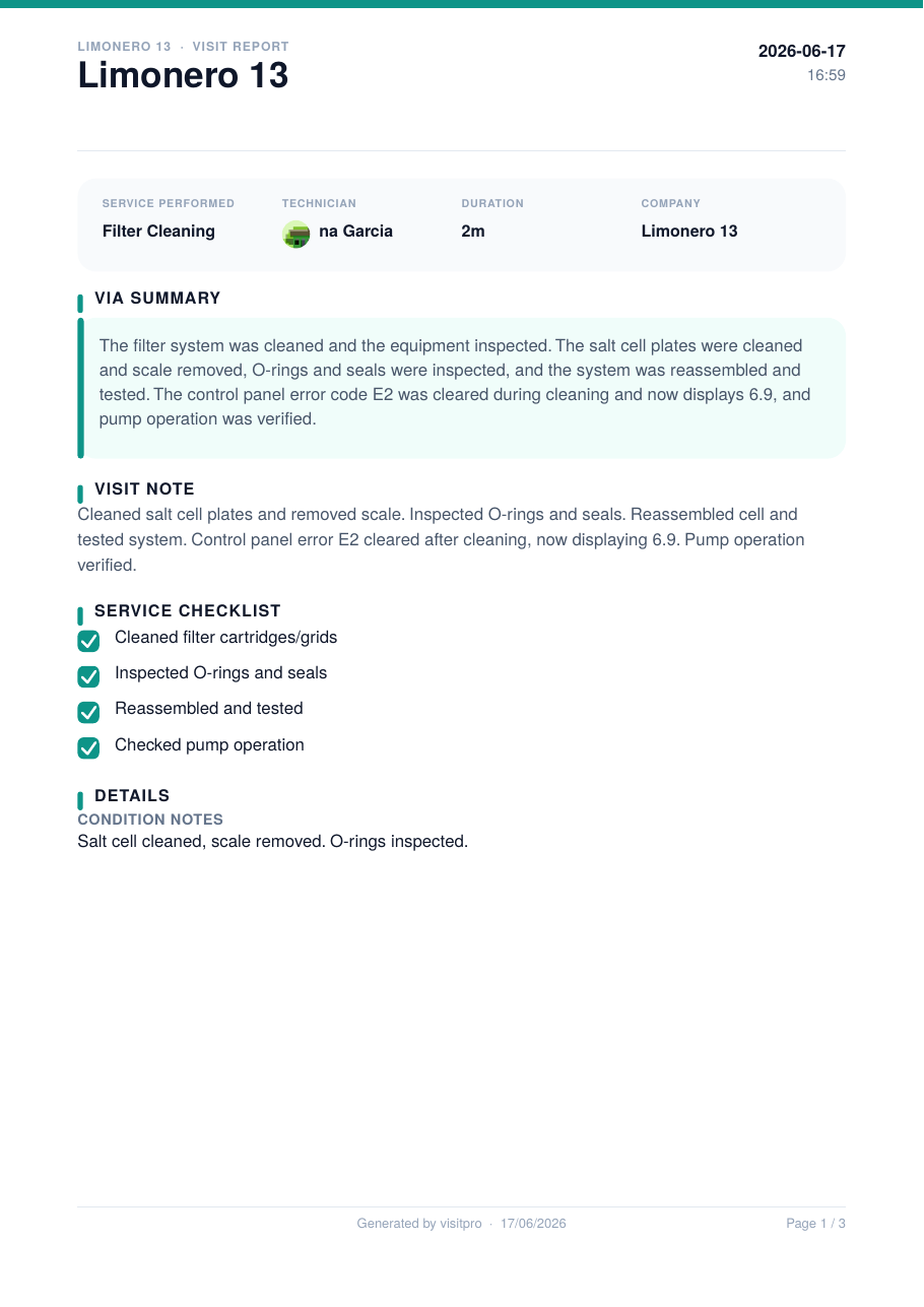 Sample Leo Pools visit report PDF, page 1